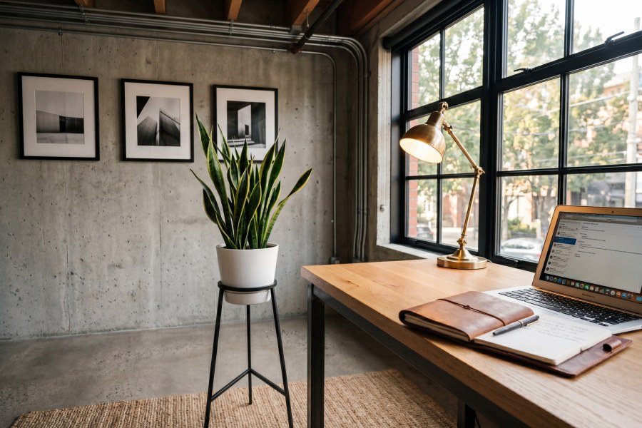 Kompaktowy kwietnik metalowy Versanis przy biurku w home office loft